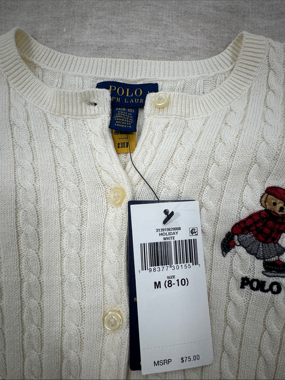Polo by Ralph Lauren Cream Cable Knit Cardigan with Bear Patch - Picture 2 of 3